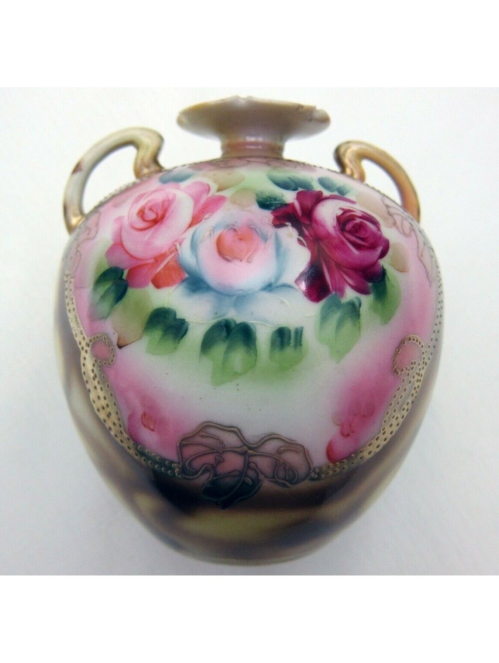 Vintage Nippon Round Vase w/ Handles, Hand Painted Roses Floral Gold Gilded Bead